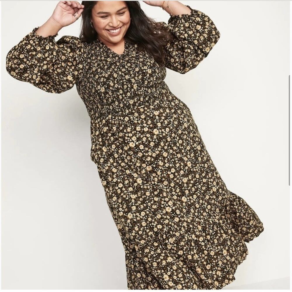 Old Navy Black Ditsy Fall Floral Smocked Midi Dress Long Sleeve Size XXL